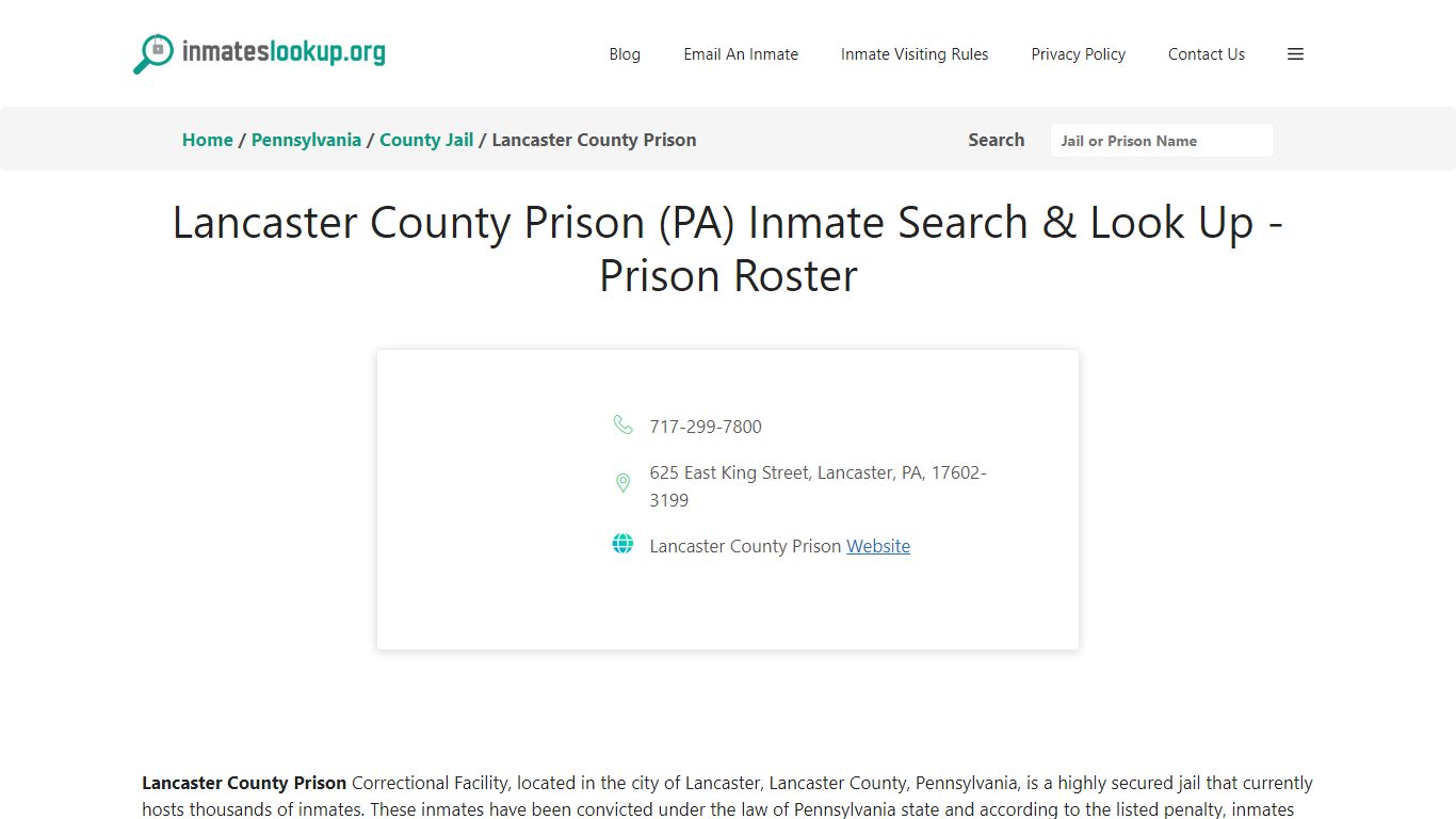 Lancaster County Prison (PA) Inmate Search & Look Up - Prison Roster